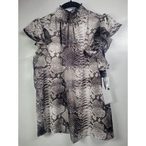 1. State Brown Snakeskin Flutter Sleeve Mock Neck Blouse XS